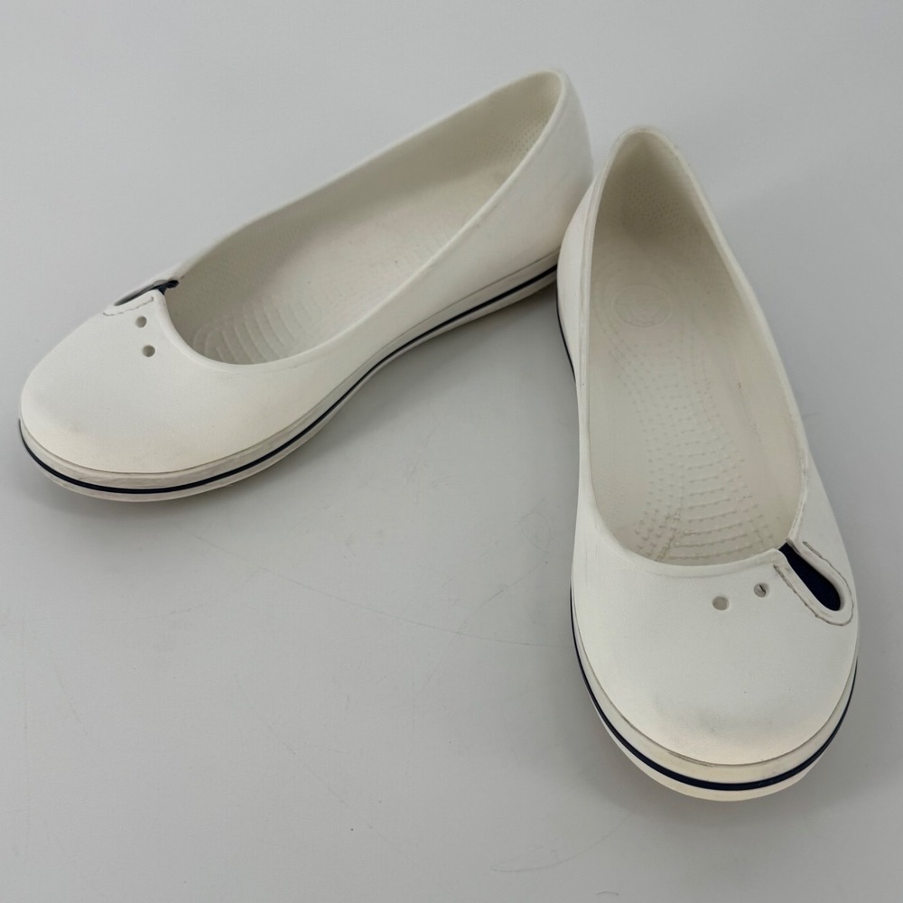 Crocs Crocband Women 7 Flat Shoe White Navy Stripe Casual Comfort Slip On